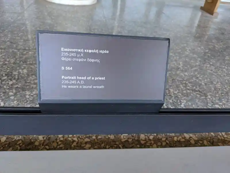 Portrait head of a priest, 235-245 A.D. He wears a laurel wreath. (S 564)